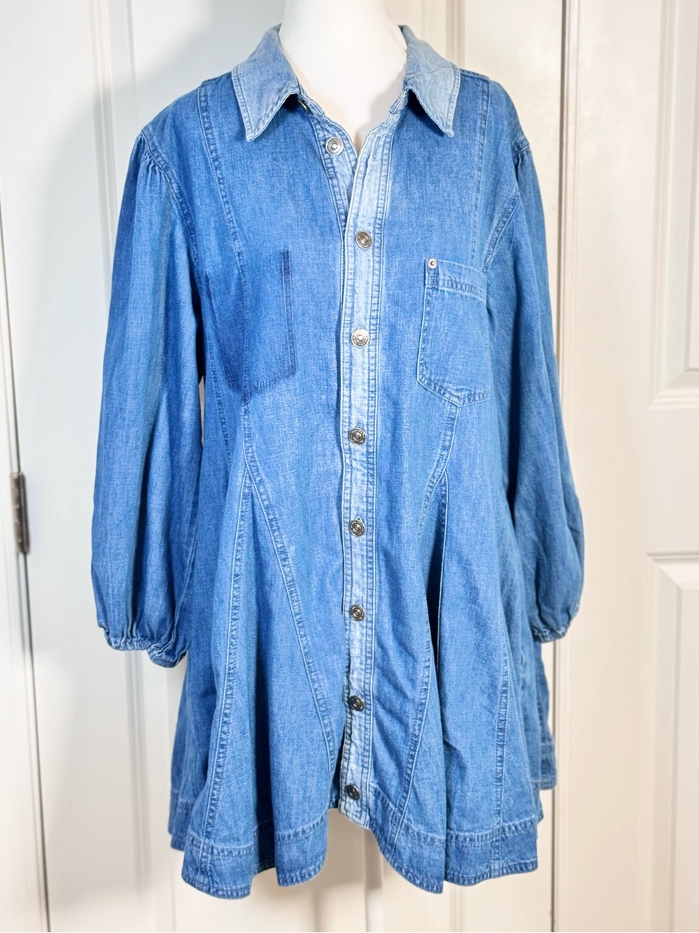 Free People Get Free Denim Mini Dress S Godet Swing Puff Sleeve Pockets Cotton